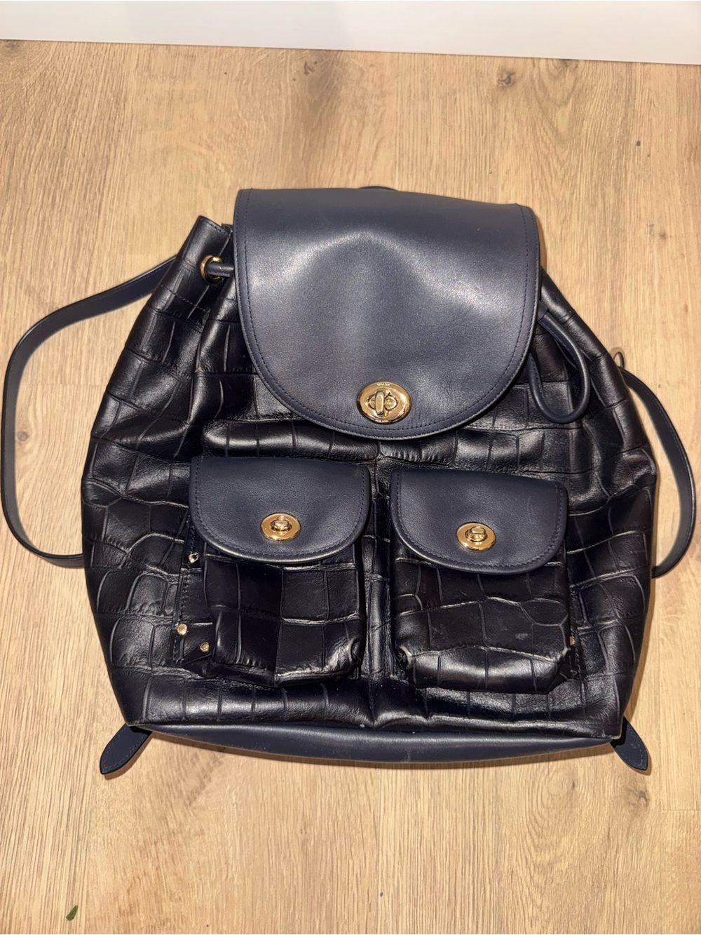 Coach Black Croc-Embossed Leather Backpack with Gold Hardware